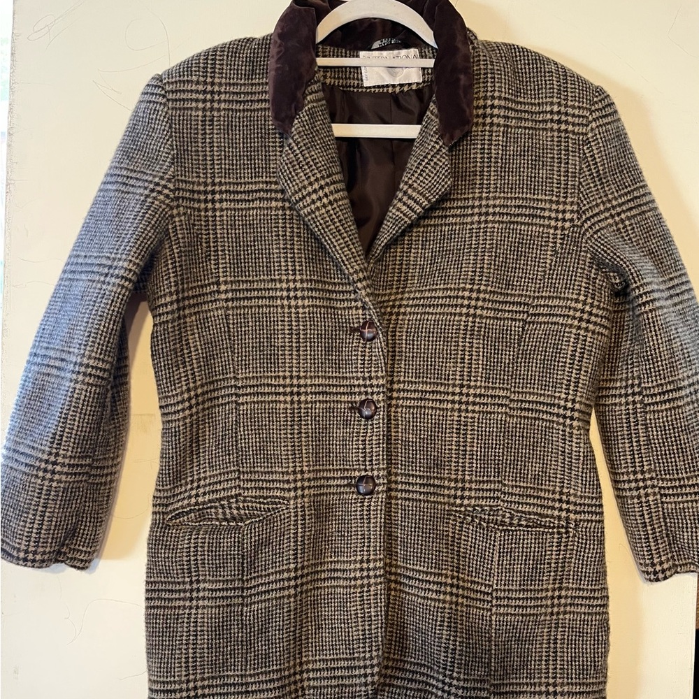 International Scene Vintage Womens Jacket Blazer Brown Plaid Leather Trim Medium